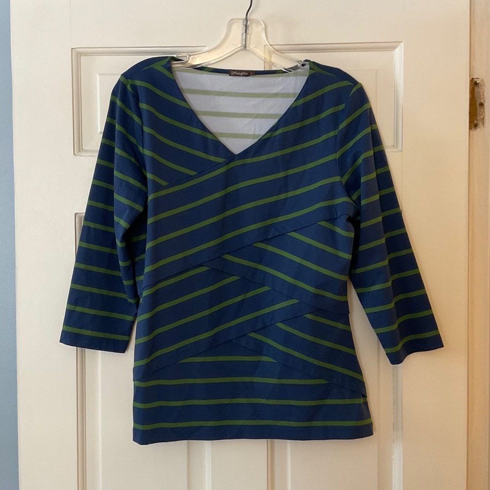 J. McLaughlin Catalina Cloth Top Blue Green Stripe 3/4 Sleeve V Neck Stretch L